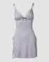 Ribbed V-Neck Spaghetti Strap Contrast Lace Bowknot Decor Mini Sleepdress Slit Nightgown gray