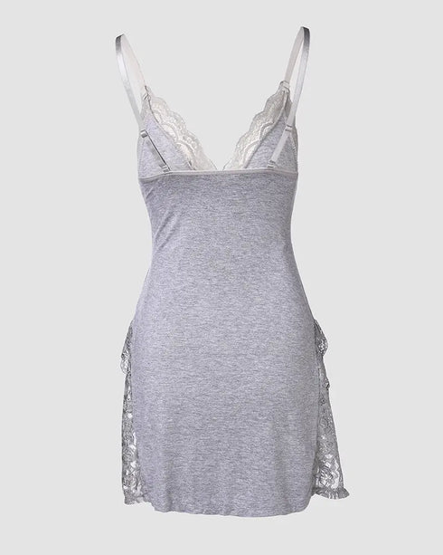 2 Piece Lace Trim Side Slit Bowknot Decor Modal Cami Sleep Dress Cardigan Nightdress Set gray