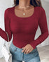 ChicMe Built-in Bra U-Neck Long Sleeve Ribbed Top red