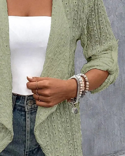Open Front Floral Lace Embroidered Turn-Up Sleeves Coat Casual Lightweight Breathable Sheer Cardigan green