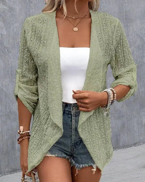 Eyelet Embroidery Turn-Up Sleeves Open Front Coat green