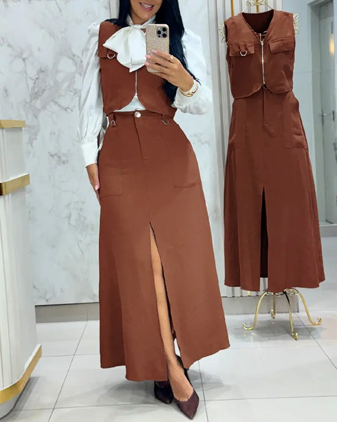 2 Pieces Outfit Sleeveless Zipper Front Metal Decor Crop Vest and High Waist Slit Elastic Back Waist Maxi Dress Set brown