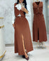 2 Pieces Outfit Sleeveless Zipper Front Metal Decor Crop Vest and High Waist Slit Elastic Back Waist Maxi Dress Set brown