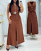 2 Pieces Outfit Sleeveless Zipper Front Metal Decor Crop Vest and High Waist Slit Elastic Back Waist Maxi Dress Set brown