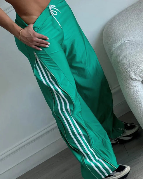 Contrast Side Striped & Zipper Slit Side Drawstring Elastic Waist Trousers Casual Wide Leg Pants green