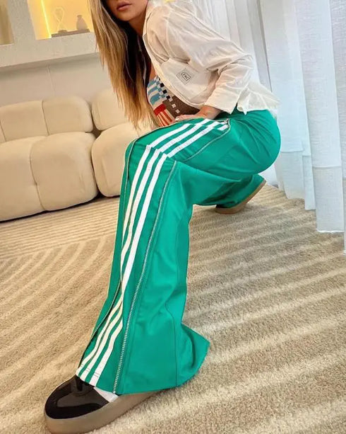 Contrast Side Striped & Zipper Slit Side Drawstring Elastic Waist Trousers Casual Wide Leg Pants green