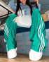 Contrast Side Striped & Zipper Slit Side Drawstring Elastic Waist Trousers Casual Wide Leg Pants green