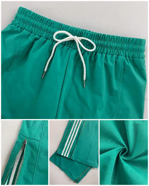 Contrast Side Striped & Zipper Slit Side Drawstring Elastic Waist Trousers Casual Wide Leg Pants green