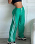 Contrast Side Striped & Zipper Slit Side Drawstring Elastic Waist Trousers Casual Wide Leg Pants green