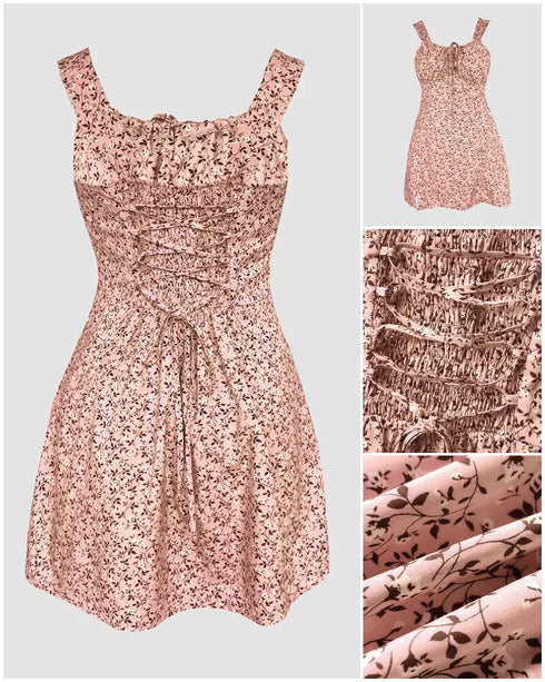 Floral Print Square Neck Thick Strap Tied Detail Romper Casual Shirred Lace-up Back Slit Skort Romper pink