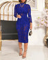 Mock Neck Long Sleeve Hollow Out Bodycon Dress Sexy Party Dress blue