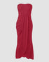 Sleeveless Ruched Cinched Waist Draped Bandeau Dress Eyelet Embroidery Slit Asymmetrical Hem Vacation Dress red