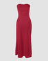 Sleeveless Ruched Cinched Waist Draped Bandeau Dress Eyelet Embroidery Slit Asymmetrical Hem Vacation Dress red