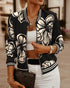 Plants Print Long Sleeve Casual Zipper Baseball Coat black