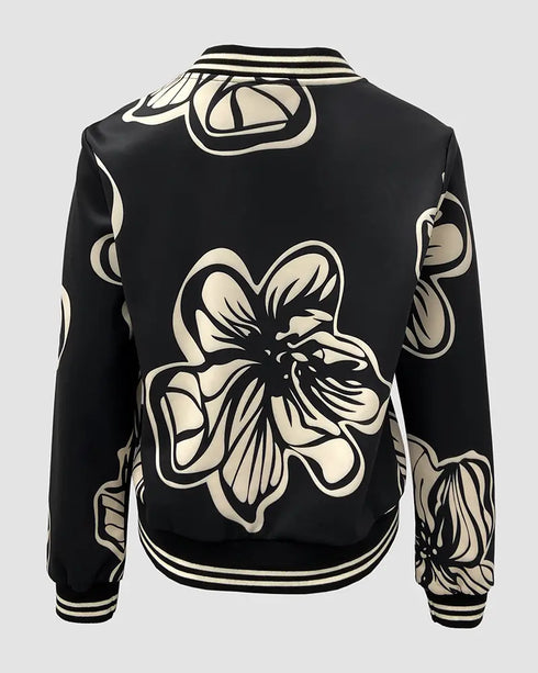 Plants Print Long Sleeve Casual Zipper Baseball Coat black