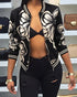 Plants Print Long Sleeve Casual Zipper Baseball Coat black