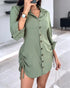 Plaid Pattern Side Drawstring Buttoned Shirt Dress dark green