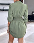 Plaid Pattern Side Drawstring Buttoned Shirt Dress dark green