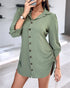 Button Down Shirt Dress Roll Tab Sleeve Side Drawstring Mini Dresses dark green