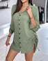 Plaid Pattern Side Drawstring Buttoned Shirt Dress dark green