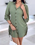 Plaid Pattern Side Drawstring Buttoned Shirt Dress dark green