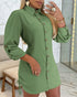 Plaid Pattern Side Drawstring Buttoned Shirt Dress dark green