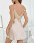 Contrast Lace V-Neck Spaghetti Strap Babydoll Sexy Backless Satin Sleep Dress champagne