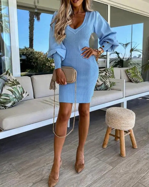 Puff Gigot Sleeve Buttoned Knit Bodycon Dress sky blue