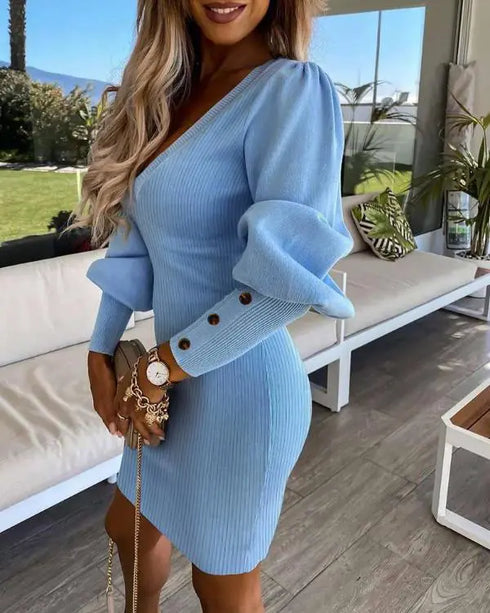 Puff Gigot Sleeve Buttoned Knit Bodycon Dress sky blue