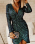 Long Sleeve Wrap Sequin Party Dress green