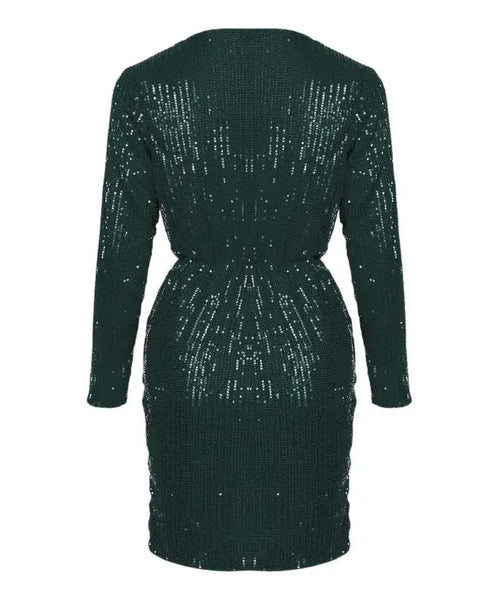Long Sleeve Wrap Sequin Party Dress green