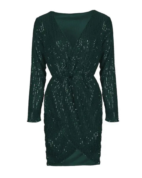 Long Sleeve Wrap Sequin Party Dress green