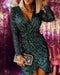 Long Sleeve Wrap Sequin Party Dress green