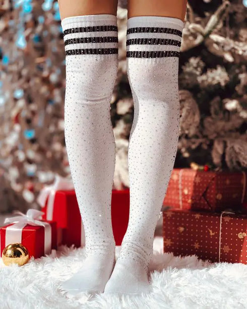 1Pair Christmas Striped Print Rhinestone Decor Long Socks white