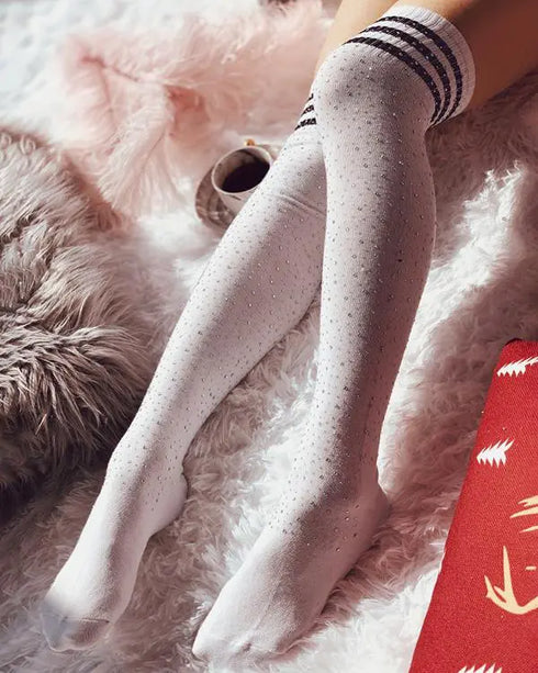 1Pair Christmas Striped Print Rhinestone Decor Long Socks white