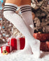 1Pair Christmas Striped Print Rhinestone Decor Long Socks white