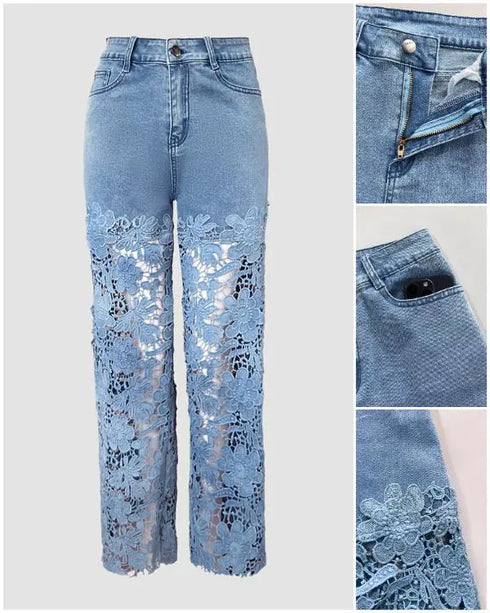 Guipure Lace Spliced High Waist Zipper Fly Wide Leg Washed Jeans Lighted Blue