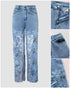 Guipure Lace Spliced High Waist Zipper Fly Wide Leg Washed Jeans Lighted Blue