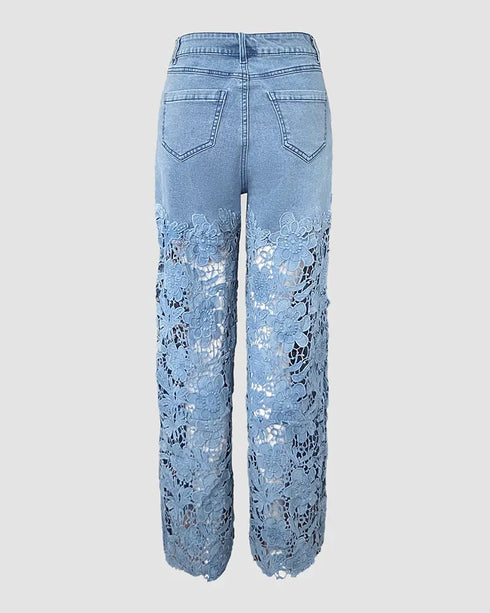 Guipure Lace Spliced High Waist Zipper Fly Wide Leg Washed Jeans Lighted Blue