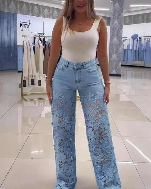 Guipure Lace Spliced High Waist Zipper Fly Wide Leg Washed Jeans Lighted Blue