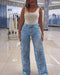 Guipure Lace Spliced High Waist Zipper Fly Wide Leg Washed Jeans Lighted Blue