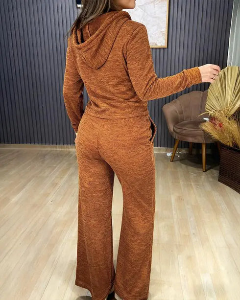 2 Pieces Outfit Long Sleeve Zip Up Drawstring Hoodie Coat and Casual Elastic Waist Seam Front Wide Leg Pants Set dark yellow