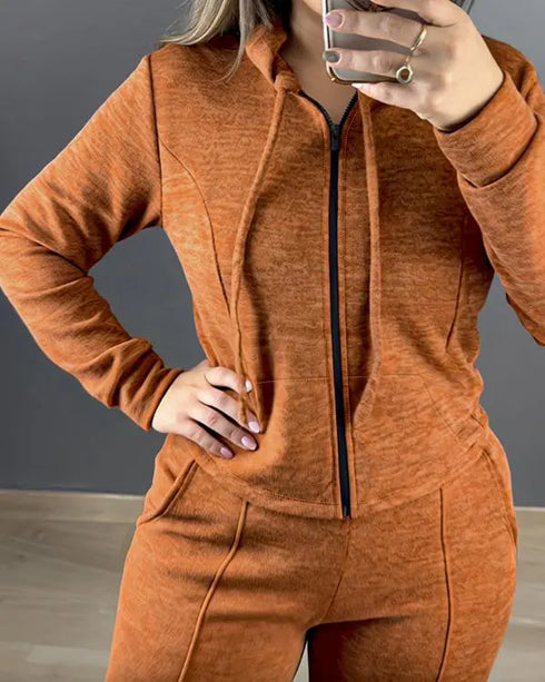 2 Pieces Outfit Long Sleeve Zip Up Drawstring Hoodie Coat and Casual Elastic Waist Seam Front Wide Leg Pants Set dark yellow