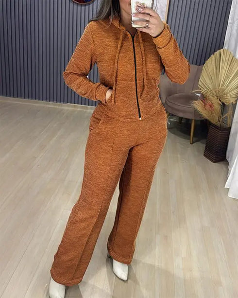 2 Pieces Outfit Long Sleeve Zip Up Drawstring Hoodie Coat and Casual Elastic Waist Seam Front Wide Leg Pants Set dark yellow