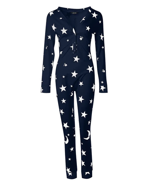 Christmas V-Neck Long Sleeve Functional Buttoned Flap Adults Pajamas One Piece purplish blue