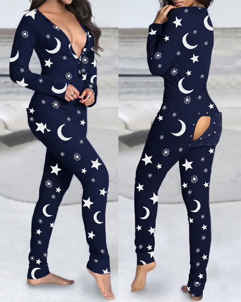 Christmas V-Neck Long Sleeve Functional Buttoned Flap Adults Pajamas One Piece purplish blue