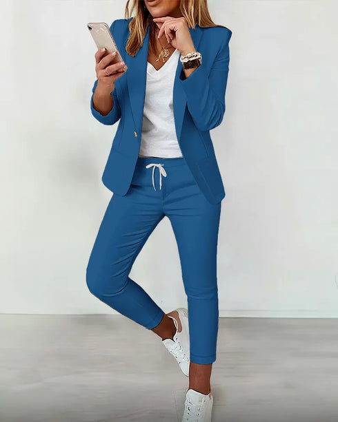 2 Pieces Outfit Shawl Collar Single Breasted Pockets Design Blazer Coat and Drawstring Elastic Waist Slim Fit Pants Set purplish blue