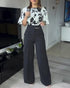2 Pieces Outfit Floral Print Round Neck Bell Sleeve Satin Top and High Waist Wide Leg Work Pants Set black