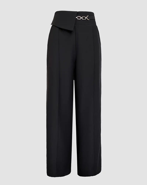 2 Pieces Outfit Floral Print Round Neck Bell Sleeve Satin Top and High Waist Wide Leg Work Pants Set black