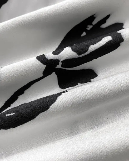 2 Pieces Outfit Floral Print Round Neck Bell Sleeve Satin Top and High Waist Wide Leg Work Pants Set black